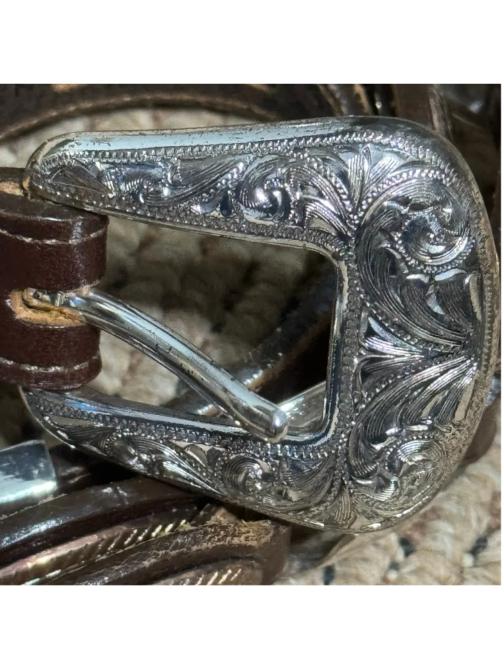 Nadim Western Concho Leather Belt Brown Engraved Silver Buckle Cowgirl Boho